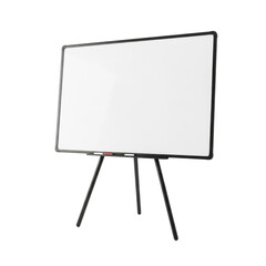 A large whiteboard on a stand with a black frame and three legs. isolated on transparent background