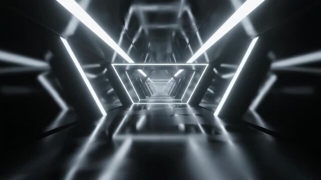 Futuristic Neon Tunnel with Abstract Geometric Shapes and Reflections
