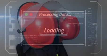 Fotobehang Vlees Displaying red helmet with clear visor and ear-attachments resting on dark coat in storage with HUD  © vectorfusionart