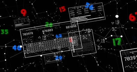 Fotobehang Vlees Displaying central key-grid panel with floating data panels in 3D network, highlighted red key  © vectorfusionart