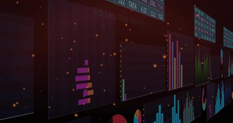 Displaying translucent vertical panels showing bar and pie charts, line graphs in dark data gallery © vectorfusionart