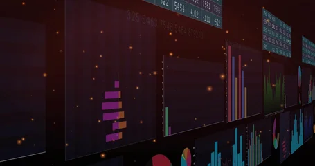 Fotobehang Buffet Displaying translucent vertical panels showing bar and pie charts, line graphs in dark data gallery  © vectorfusionart