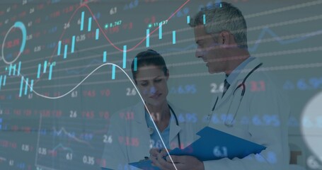 Reviewing blue clipboard, two MDs in white coats with stethoscopes in clinic viewing market overlay