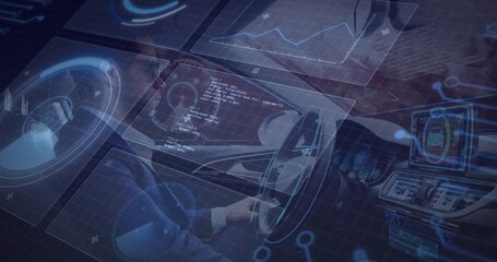 Operating man in dark suit using holographic HUD in vehicle cockpit, steering wheel visible