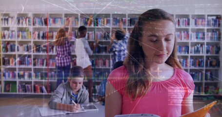 Reading teen in bright pink top holding orange folder at school library, bookshelves, copy space