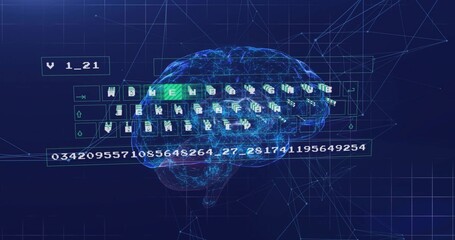 Naklejka premium Pulsating holographic brain in cyber grid with UI panels keyboard icons green key and numeric strip