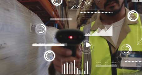 Scanning warehouse worker in safety vest aiming barcode scanner at wrapped pallet with data overlay