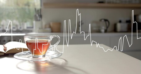 Sitting clear teacup with saucer catching warm light on countertop near open book, waveform overlay