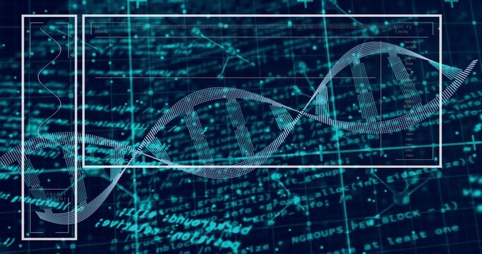 Animating dotted DNA double helix moving across on-screen interface, showing wide frame, waveform