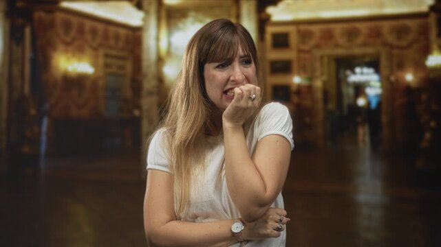 Woman biting her fingernails with hand pressed to mouth, clutching arm showing watch and rings in ornate museum hall; anxiety.