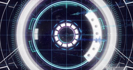 Naklejka premium Scanning central concentric reticle rotating and pulsing in digital HUD, with waveform traces