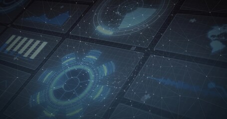 Showing central holographic HUD on virtual dashboard, displaying bar chart, waveform, network mesh © vectorfusionart
