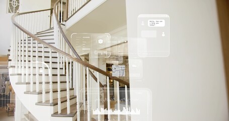 Naklejka premium Showing curved staircase with dark handrail and spindles in entry hall, with chat HUD overlays