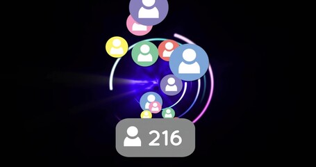 Fototapeta premium Spiraling colorful avatar badges moving toward glowing center in dark UI, showing counter 216