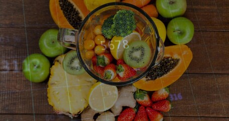 Displaying glass blender jug with broccoli floret and kiwi slices on dark wood tabletop, AR overlay © vectorfusionart