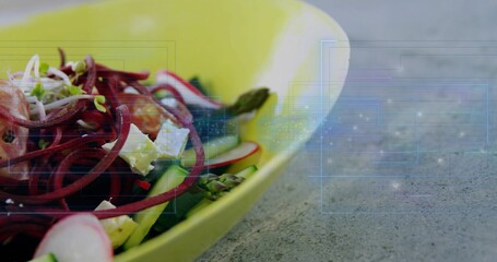 Displaying lime bowl with spiraled beet radish feta and digital overlay on gray counter, copy space © vectorfusionart