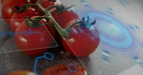 Fotobehang Vlees Displaying ripe red tomatoes on vine with green stems and sliced piece on speckled countertop, HUD  © vectorfusionart