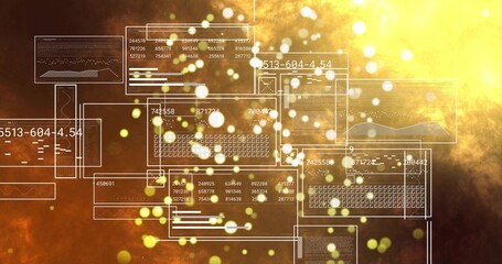 Fototapeta premium Floating translucent HUD panels and glowing bokeh over warm nebula backdrop, showing line charts