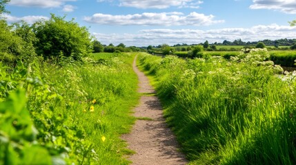 Obraz premium Serene Towpath Along a Canal Surrounded by Reclaimed Grasses and Lush Vegetation