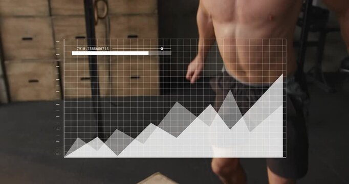 Man adjusting wrist device and starting box jumps, rowing pulls while data overlay tracking fitness