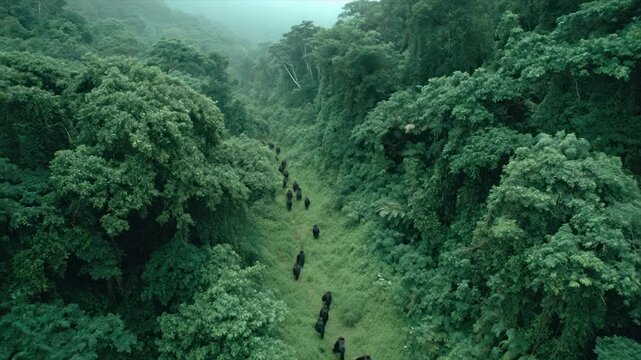 Monkeys walk single-file in a lush green jungle pathway surrounded by dense trees