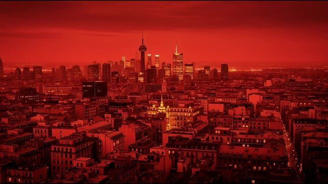 Dramatic cityscape silhouette at dusk with orange sky and illuminated buildings