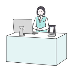 カウンター内で受付を担当するビジネス女性のイメージイラスト