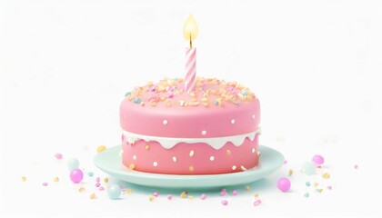 3D birthday cake with a candle and colorful sprinkles. Concept for party surprise, celebration, and pink cake emoji style.