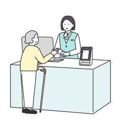 高齢の来院者の受付をするビジネス女性のイメージイラスト