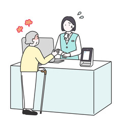 高齢のクレーマー対応に困っているビジネス女性のイメージイラスト