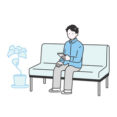 スマートフォンを見ながら待つ若い男性のイラスト