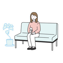 若い女性が待合室で座って順番を待っている様子のイラスト