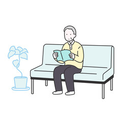高齢男性が本を読みながら待合室で順番を待つイメージイラスト