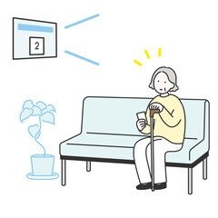 待合室で自分の順番を呼ばれた高齢女性のイメージイラスト