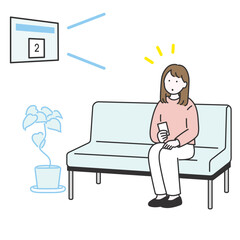 待合室で自分の順番に気付いた若い女性のイメージイラスト