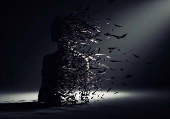 Dark Abstract Mental Stress Concept with Fragmented Human Silhouette