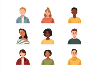 Fototapeta premium Diverse group of people illustrated in grid format, showcasing various hairstyles, skin tones, and clothing styles. This representation emphasizes community and inclusivity
