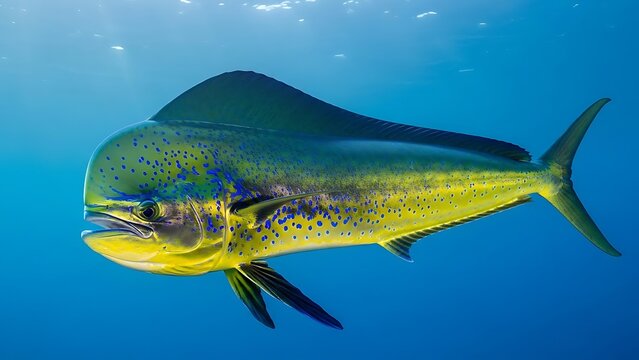 A vibrant mahi-mahi fish with striking yellow and blue-green scales swimming gracefully in clear ocean water.
