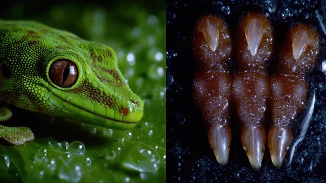 A vivid split image. A gecko and its toe pads, both close-up, share vivid textures