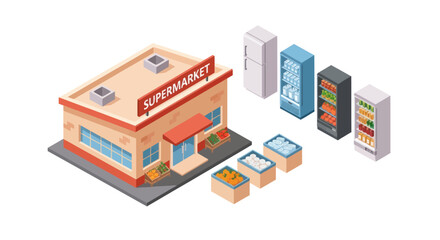 Fototapeta premium Isometric Supermarket Building with Vending Machines.