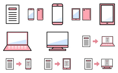 業務DXやデータ管理の説明に使えるデジタル端末と書類のアイコンセット