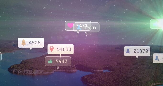 Notification badges spawning from right flare, floating over island, clustering, updating counts