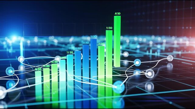 Abstract digital data visualization with growing financial bar graph