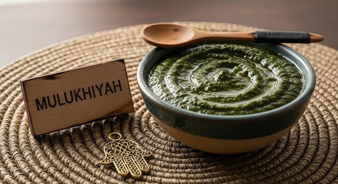 Traditional Egyptian Mulukhiyah Jute Mallow Soup in Bowl with Brass Khamsa on Sabah Mat