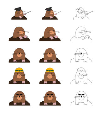 モグラのキャラクターの表情や職業別バリエーションイラストと線画のベクターセット | 工事・教育・害獣・自然のイメージ素材