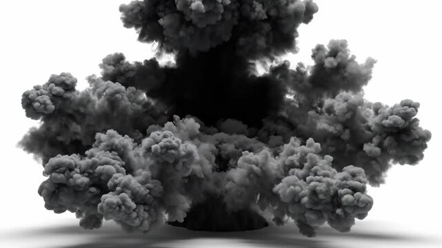 Dramatic Blow: Dense Cloud of Smoke and Fire Rising After Powerful Explosion on White Background