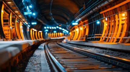 Obraz premium Intricate Subway Tunnel with Luminous Lights and Tracks for Urban Maintenance Themes