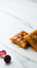 Golden Ramadan Qatayef with Pistachio and Rose Petals on Bright Left Copy Space