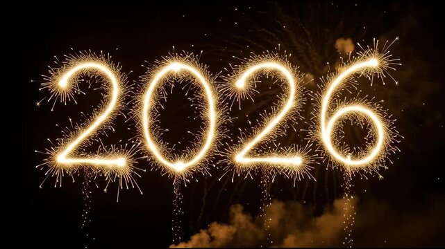 Sparkling fireworks display illuminates the year 2026 against a dark sky