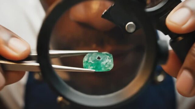 Gemologist Inspecting Emerald with Loupe and Tweezers